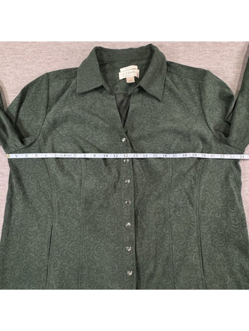 CJ Banks Pearl Snap Blouse Womens Size 1X Stretch Paisley Green Long Sleeve - Picture 9 of 13